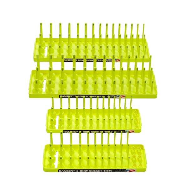 Metric and Fractional 3 Row Socket Tray Set for 1/4" and 3/8" Drive Sockets, Hi-Viz Yellow, 4 Pieces